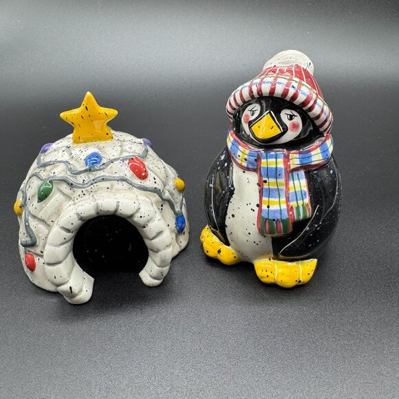 Vintage Penguin and Igloo Salt & Pepper Ceramic Shakers by Julie Ueland Retired - Picture 1 of 5